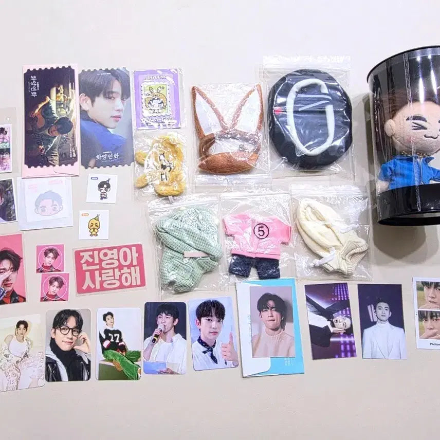 [BUNJANG] GOT7 Jinyoung Doll + Doll Clothes + Unofficial Photocard, Sticker Bundle Set / 갓세븐 진영 인형 + 인형옷 + 비공굿 포토카드, 스티커 일괄양도