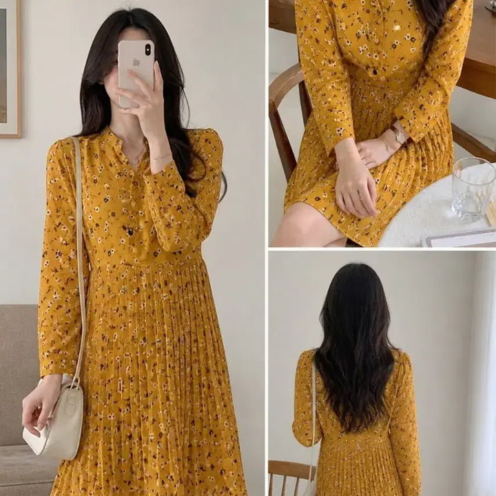 [BUNJANG] Flower Print Yellow Pleated Long Dress / 플라워 옐로우 플리츠 롱원피스
