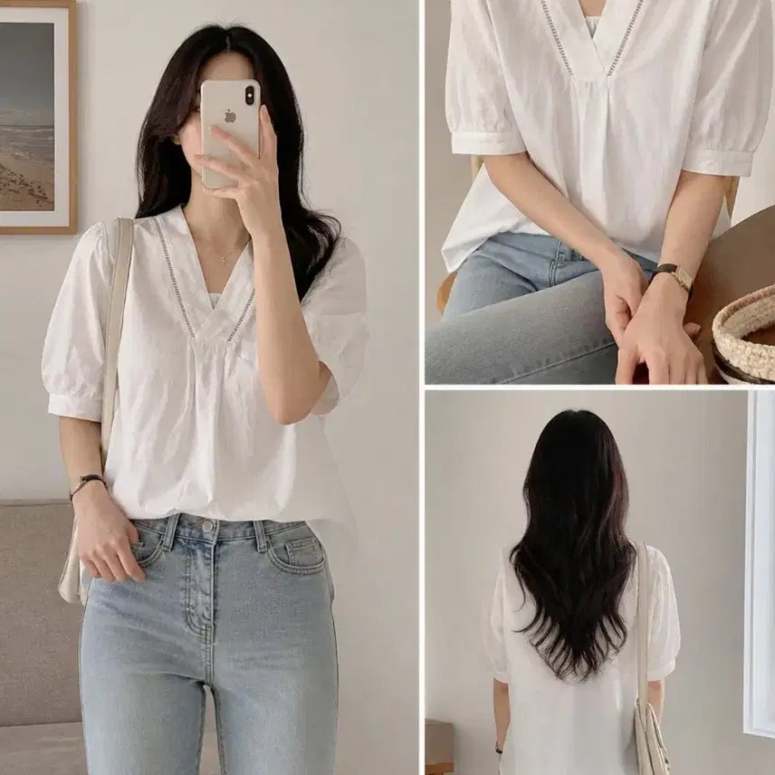 [BUNJANG] V-Neck Lace Short-Sleeve Blouse White / 브이넥 레이스 반팔 블라우스 화이트