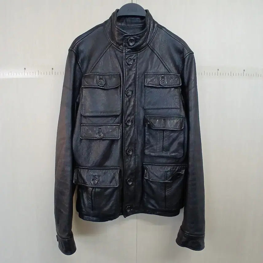 [BUNJANG] Black Leather High-Neck Pocket Jacket / 하이넥 블랙 레더 포켓 자켓 양가죽