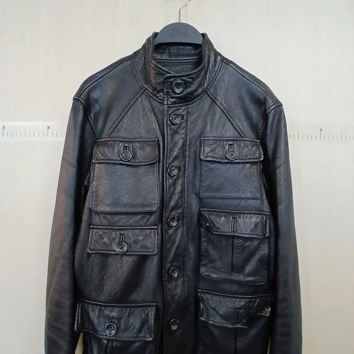 [BUNJANG] Black Leather High-Neck Pocket Jacket / 하이넥 블랙 레더 포켓 자켓 양가죽