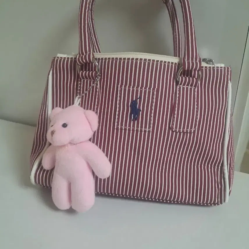 [BUNJANG] Polo Ralph Lauren Striped Tote Bag with Bear Charm / 폴로 랄프로렌 스트라이프 토트백