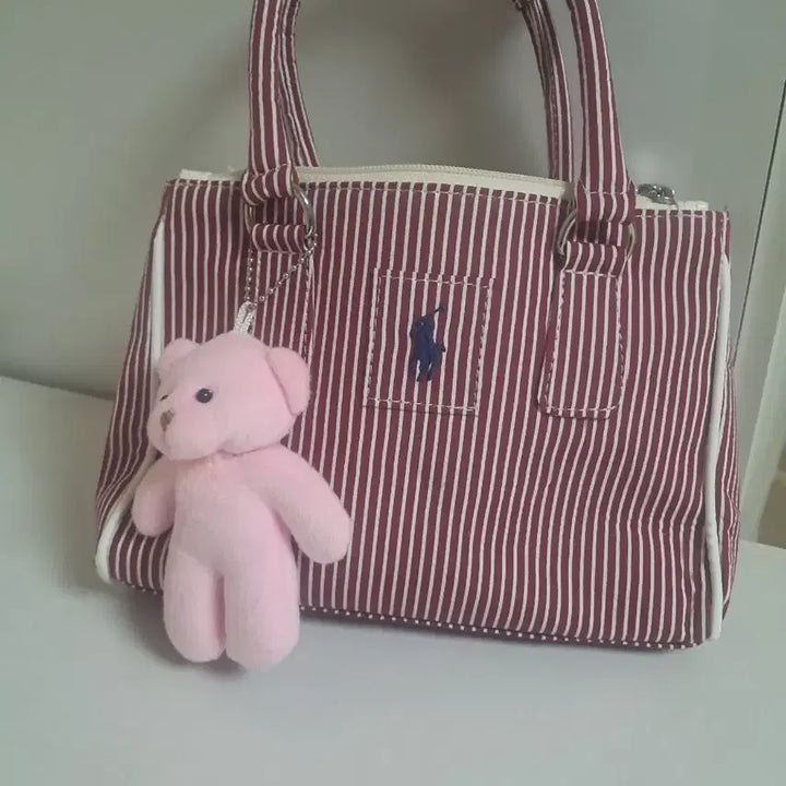 [BUNJANG] Polo Ralph Lauren Striped Tote Bag with Bear Charm / 폴로 랄프로렌 스트라이프 토트백