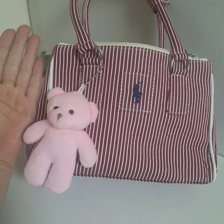 [BUNJANG] Polo Ralph Lauren Striped Tote Bag with Bear Charm / 폴로 랄프로렌 스트라이프 토트백
