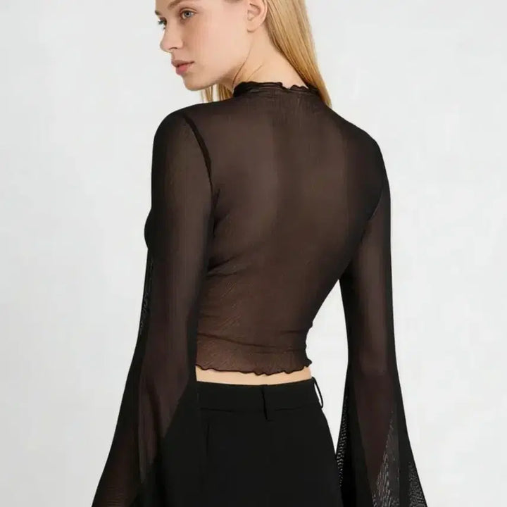 [BUNJANG] See-through Shirring Blouse with Frill Long Sleeve Top / 시스루 블랙 셔링 블라우스 프릴 긴팔티셔츠(새옷 스판)