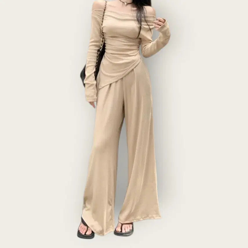 [BUNJANG] Merryna Shirring Off-Shoulder Wide Pants Set / 셔링 사선 오프숄더 와이드 팬츠 세트 3color