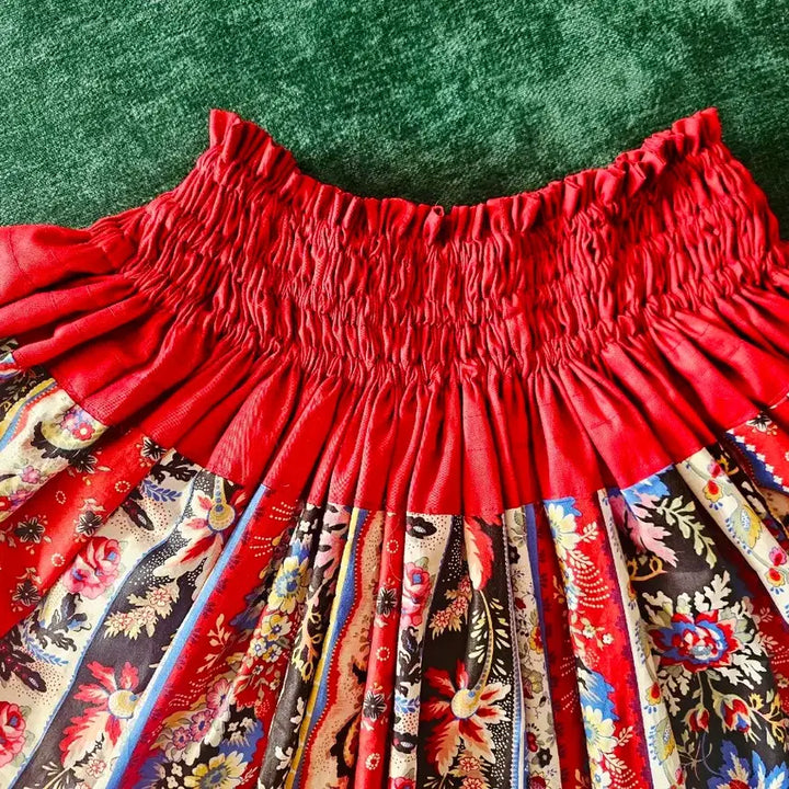[BUNJANG] Faux Leather Gathered Skirt - Red Waistband / 훌라파우스커트 하와이