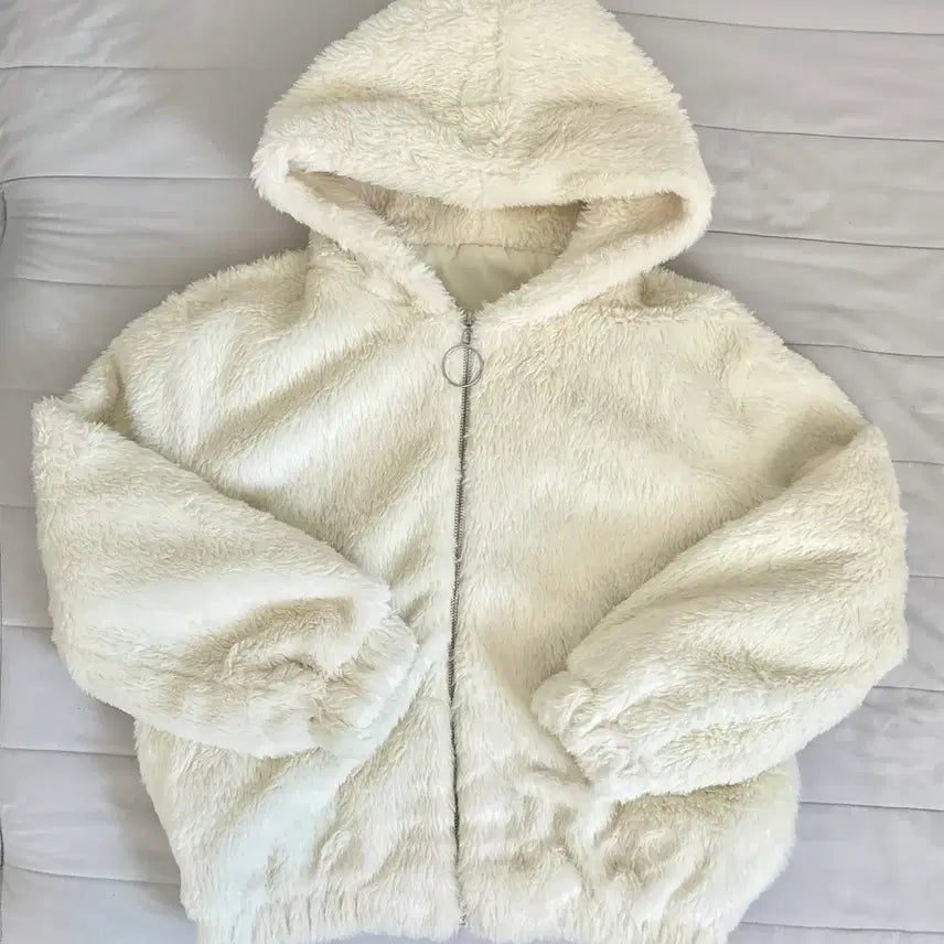 [BUNJANG] Ivory Faux Fur Hooded Zip-Up Jacket / 아이보리 퍼 후드집업