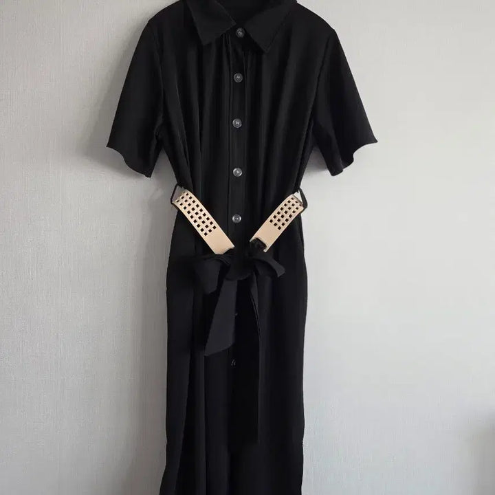 [BUNJANG] Black Short-Sleeve Shirt Dress with Belt Set / 블랙 반팔 셔츠 원피스 벨트 세트