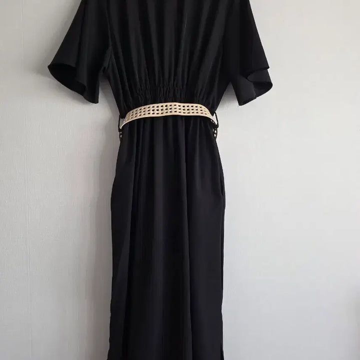 [BUNJANG] Black Short-Sleeve Shirt Dress with Belt Set / 블랙 반팔 셔츠 원피스 벨트 세트