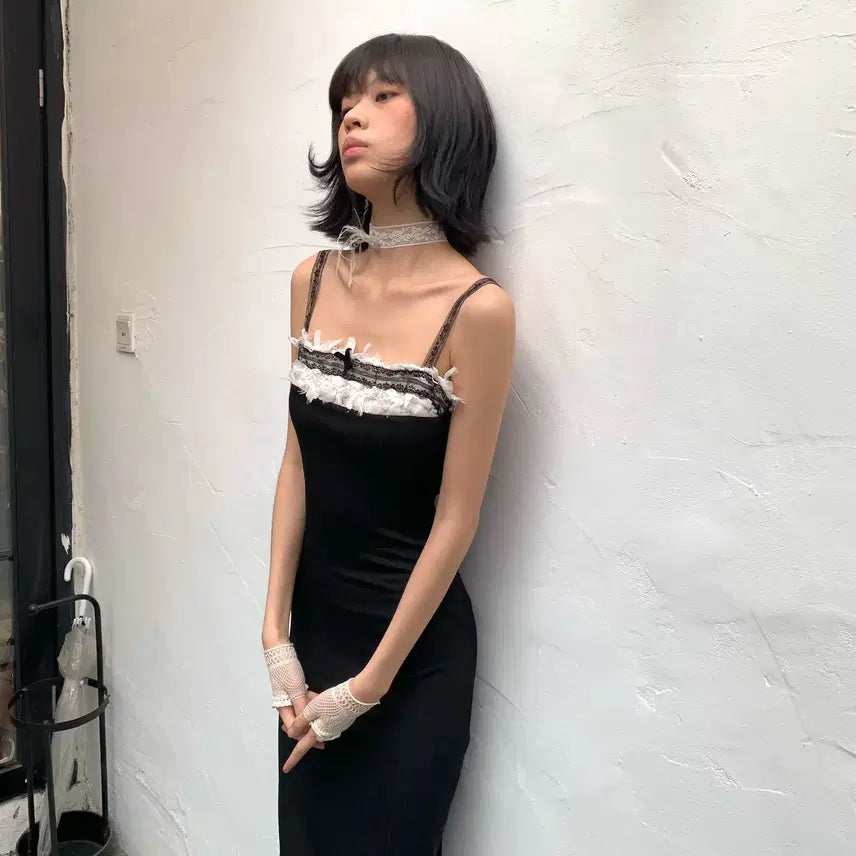 [BUNJANG] CHIPCHIP Black Lace Slim Long Dress with Shoulder Straps / CHIPCHIP 칩칩샵 섹시 블랙 레이스 어깨끈 슬림 롱드레스