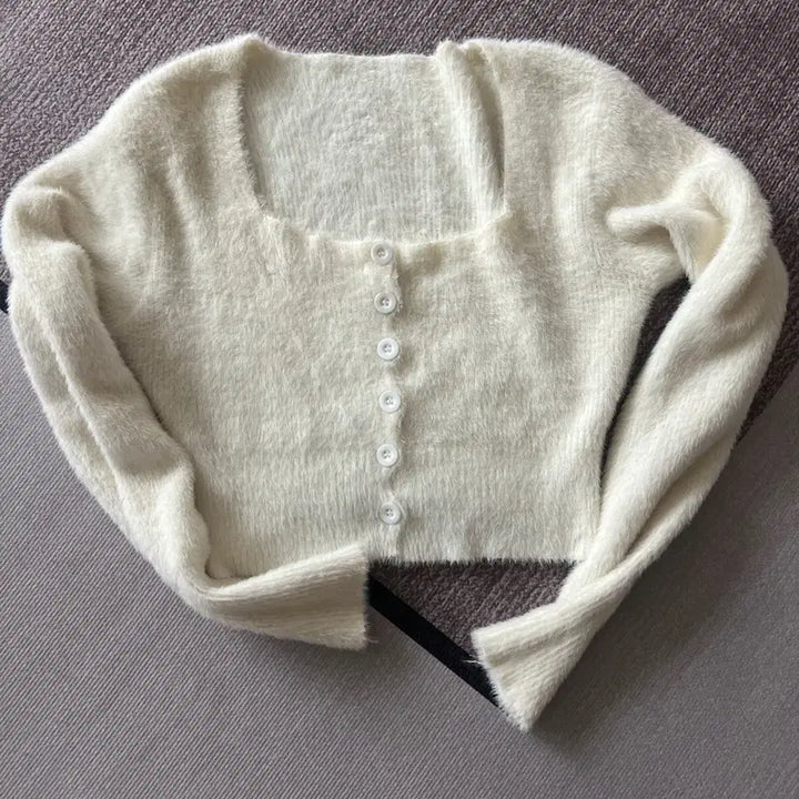 [BUNJANG] Ivory Button Ribbed Knit Top / 아이보리 버튼 쫄니트