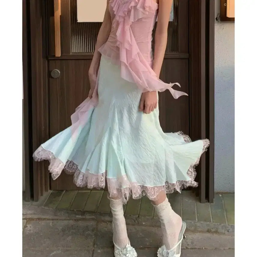 [BUNJANG] CHIPCHIP Colorblock Lace Tencel Maxi Skirt / CHIPCHIP 칩칩샵 배색 레이스 차르르 텐셀 밑단 맥시 스커트