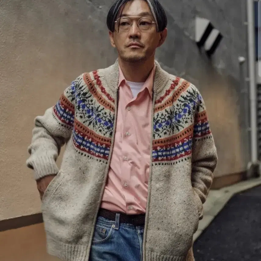 [BUNJANG] NOTIG Nordic Shawl High Neck Cardigan Beige / 노티그 노르딕 숄 하이넥 가디건 베이지