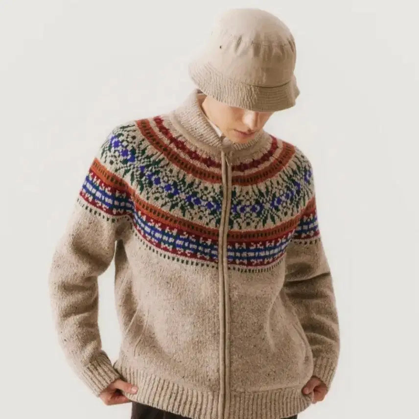 [BUNJANG] NOTIG Nordic Shawl High Neck Cardigan Beige / 노티그 노르딕 숄 하이넥 가디건 베이지
