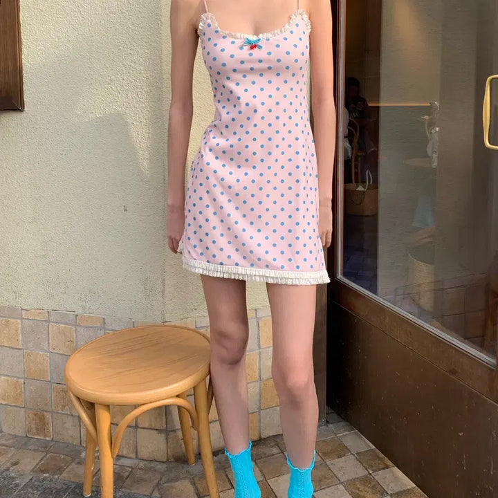 [BUNJANG] CHIPCHIP Candy Dot Lace Ruffle Sleeveless Mini Dress / CHIPCHIP 캔디 도트 레이스 러플 슬리브리스 미니 드레스