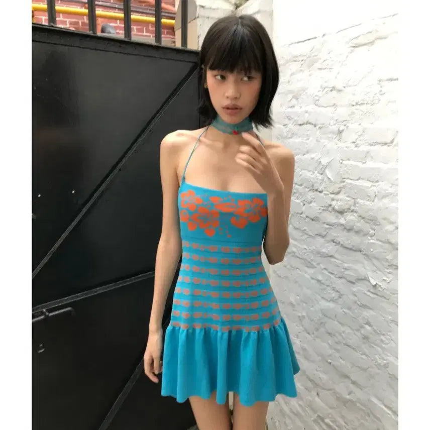 [BUNJANG] CHIPCHIP Hibiscus Blue Stretch Camisole Knit Dress / CHIPCHIP 칩칩샵 히비스커스 블루 스트레치 캐미솔 니트 드레스