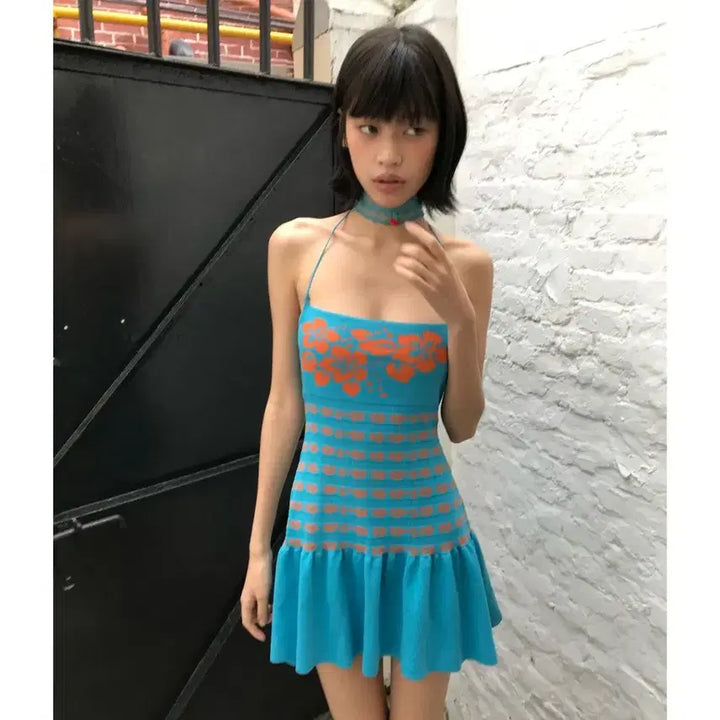 [BUNJANG] CHIPCHIP Hibiscus Blue Stretch Camisole Knit Dress / CHIPCHIP 칩칩샵 히비스커스 블루 스트레치 캐미솔 니트 드레스