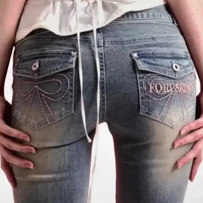 [BUNJANG] Pouring Ribbons Stitch Denim Pants XS Low Rise / 포어링 리본 스티치 데님 팬츠 XS 로우라이즈