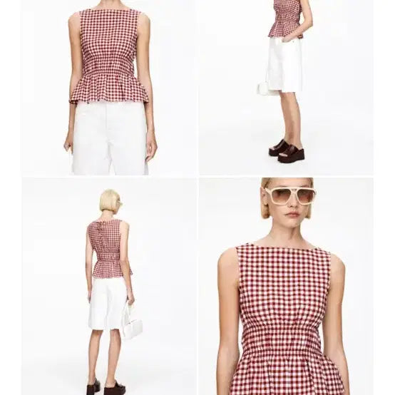 [BUNJANG] ARKET Red Check Smocked Shirring Peplum Sleeveless Top / 아르켓 레드 체크 스모크 셔링 탑