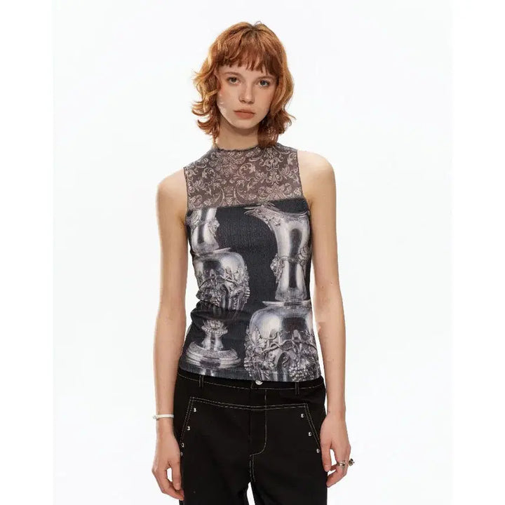 [BUNJANG] YOSHUYUKI Silver Wine Bottle Print Patchwork Mesh Sleeveless Top / YOSHUYUKI 요슈유키 실버 와인병 프린트 패치워크 메시 민소매 탑