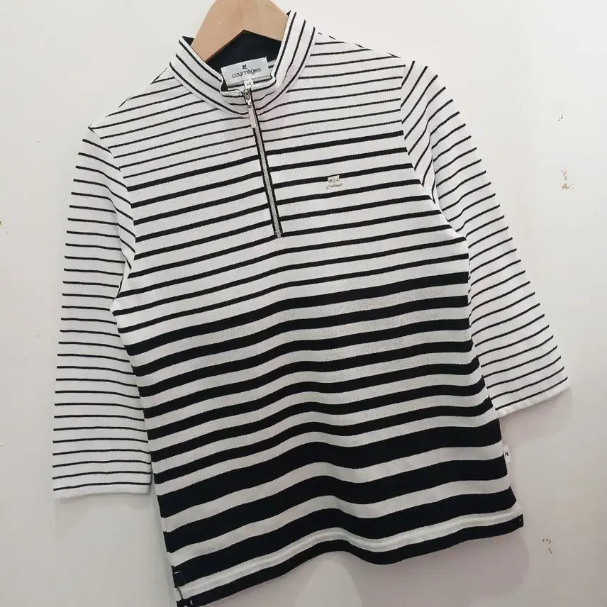[BUNJANG] Courrèges Striped Half-Zip 3/4 Sleeve T-Shirt / 꾸레쥬 반집업 스트라이프 7부 티셔츠