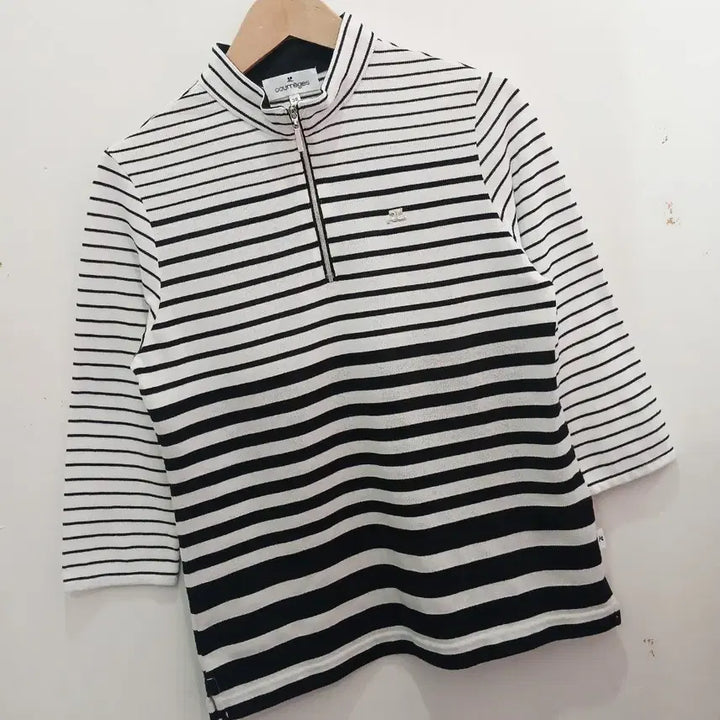[BUNJANG] Courrèges Striped Half-Zip 3/4 Sleeve T-Shirt / 꾸레쥬 반집업 스트라이프 7부 티셔츠