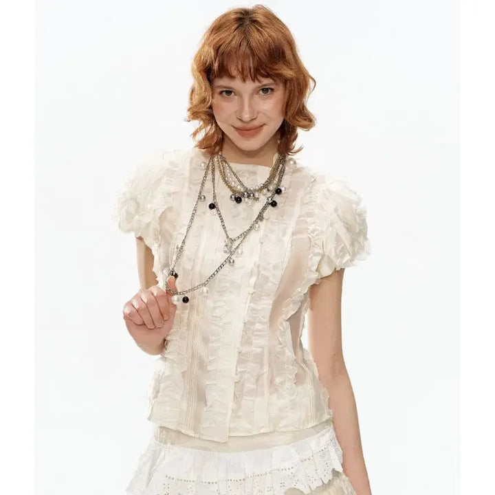 [BUNJANG] YOSHUYUKI Beige Jacquard Coat Puff Short Sleeve Blouse / YOSHUYUKI 요슈유키 베이지 자카드 코트 퍼프 반팔 블라우스