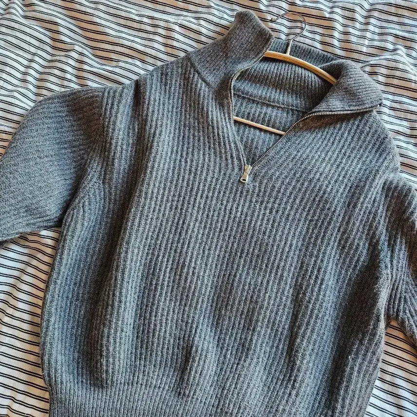 [BUNJANG] DUNST Gray Half-Neck Knit Zip-Up / 던스트 회색 하프넥 니트 집업