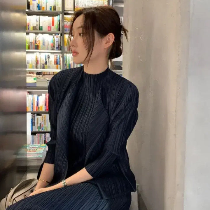 [BUNJANG] Obzee Pleated Cardigan Navy / 오브제스트 플리츠 가디건 네이비