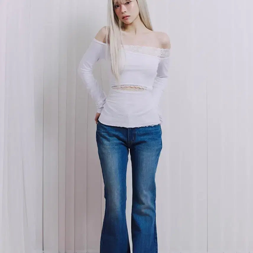 [BUNJANG] Illio Off-Shoulder Long Sleeve Top / 일리오 레이스 오프숄더 롱슬리브 M
