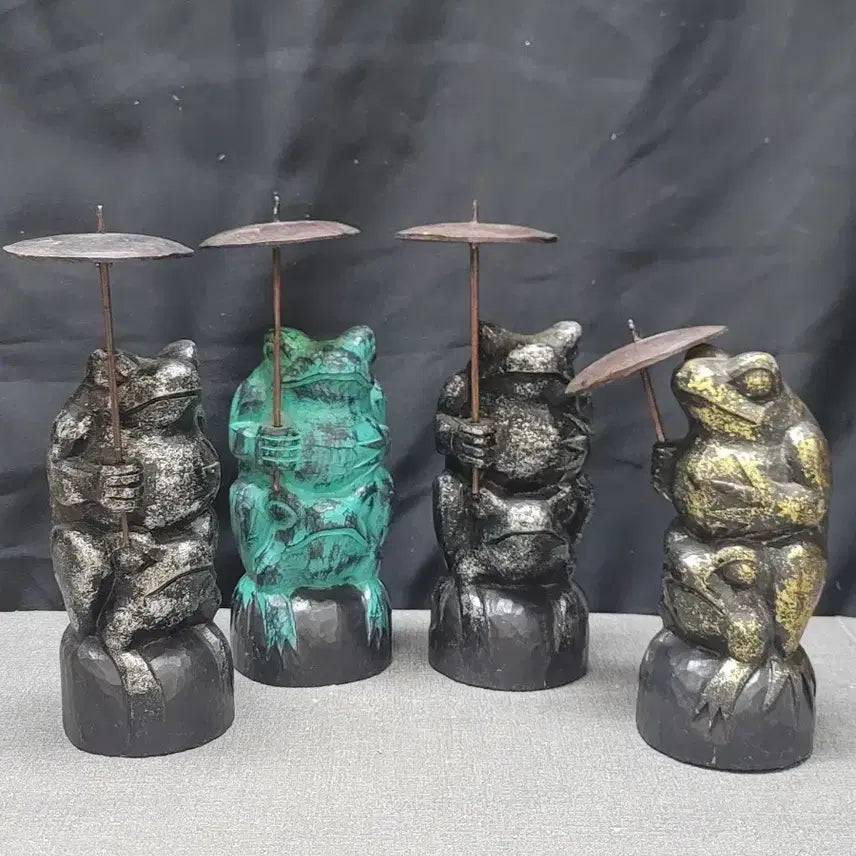 [BUNJANG] Indonesian Wooden Carving Umbrella Frog 4-Piece Bundle Set / 나무 목각 우산 개구리 4점 일괄