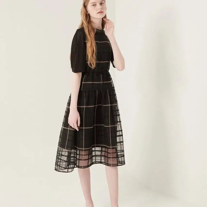 [BUNJANG] SJSJ Black Check See-Through Tulle Flare Dress / 한섬 sjsj 블랙 체크 시스루 튤 플레어 원피스