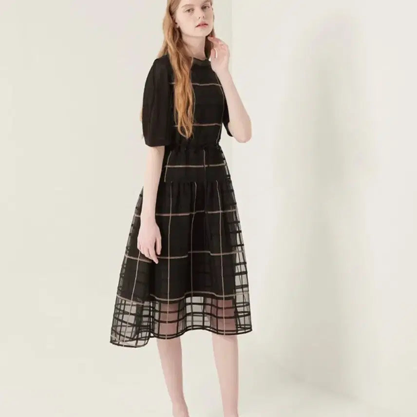 [BUNJANG] SJSJ Black Check See-Through Tulle Flare Dress / 한섬 sjsj 블랙 체크 시스루 튤 플레어 원피스