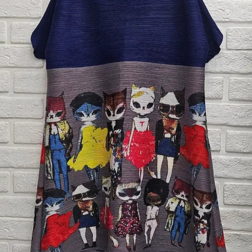 [BUNJANG] Cat Character Pleated Midi Dress / A4389  고양이 캐릭터 플리츠 원피스&amp;롱티
