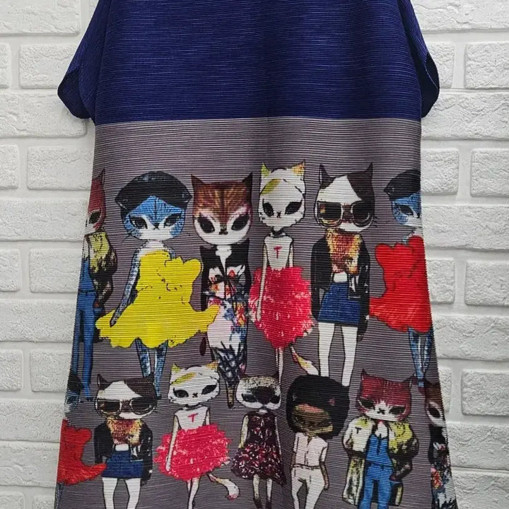 [BUNJANG] Cat Character Pleated Midi Dress / A4389  고양이 캐릭터 플리츠 원피스&amp;롱티