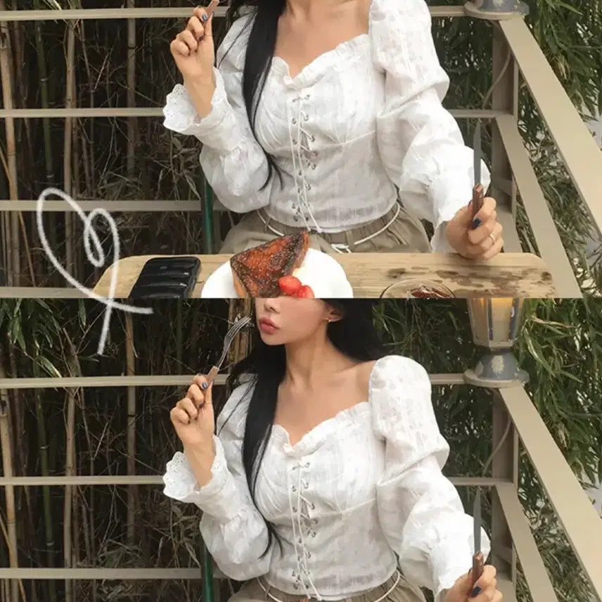[BUNJANG] Looksu Off-Shoulder Puff Frill Blouse / 룩스유 펀칭 여리 아일렛 오프숄더 퍼프 프릴 블라우스