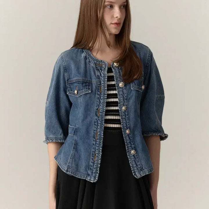 [BUNJANG] Michaa Washed Denim Jacket / 새상품)미샤 MICHAA 노카라 데님 워싱 청자켓