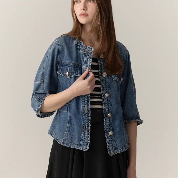 [BUNJANG] Michaa Washed Denim Jacket / 새상품)미샤 MICHAA 노카라 데님 워싱 청자켓