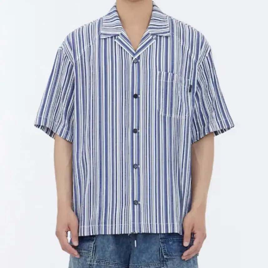 [BUNJANG] Juun.J 26SS Blue-Gray Fancy Stripe Open Collar Short Sleeve Shirt / 준지 26ss 블루그레이 팬시 스트라이프 오픈칼라 숏슬리브 셔츠