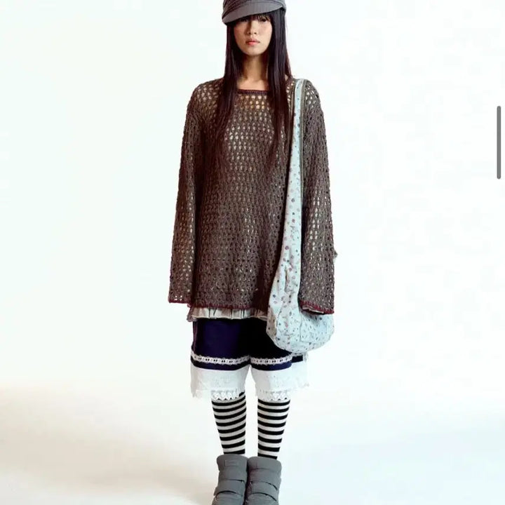 [BUNJANG] Koiseio Hole Knit Brown + Multiple Frill Dress Grey Set / 코이세이오 홀 니트 브라운 + 바텀 멀티플 프릴 드레스 그레이 세트