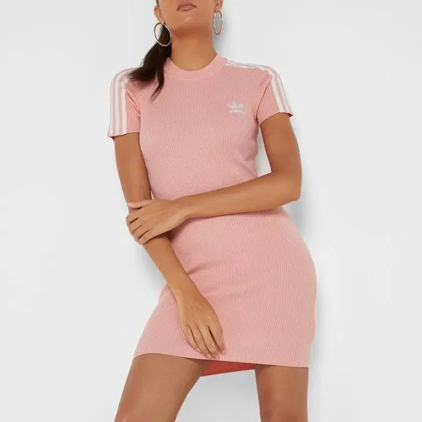 [BUNJANG] Adidas 3-Stripes Pink Ribbed Short Sleeve Mini Dress / 새상품 아디다스 삼선 핑크 립 반팔 원피스