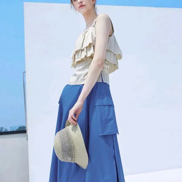 [BUNJANG] Time Embroidered Flap Pocket Back Banding Skirt / 타임 자수 플랩 포켓 백밴딩 스커트