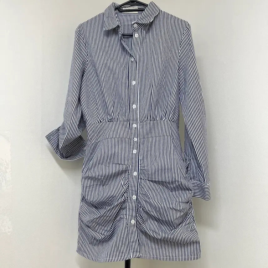 [BUNJANG] Striped Long-Sleeve Shirt Dress / 스트라이프 셔츠 원피스 긴팔