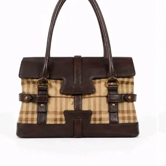 [BUNJANG] Burberry Haymarket Check Leather Trim Tote Bag / 버버리 정품 헤이마켓 체크 토트백