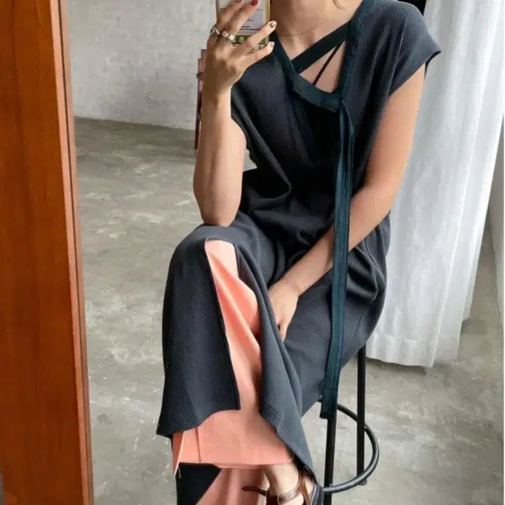 [BUNJANG] Strap Long Dress + Loose Fit T-shirt Set / 스트랩롱원피스+루즈핏티셔츠