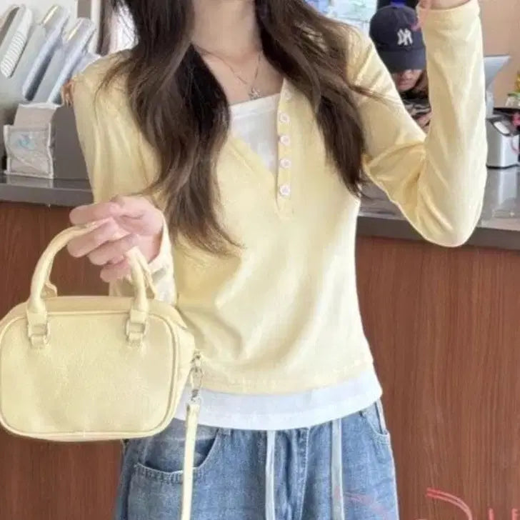 [BUNJANG] Layered T-shirt (S) + Flower Point Wide Denim Pants (L) Set / 레이어드 티셔츠(S)+플라워 포인트 와이드 데님팬츠(L) SET