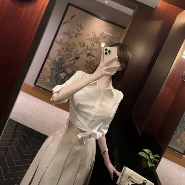 [BUNJANG] Leswan White Tie Ribbon Shirt S Size / (새상품) 7.3->4 르스완 타이 리본 셔츠 S 수입의류 화이트