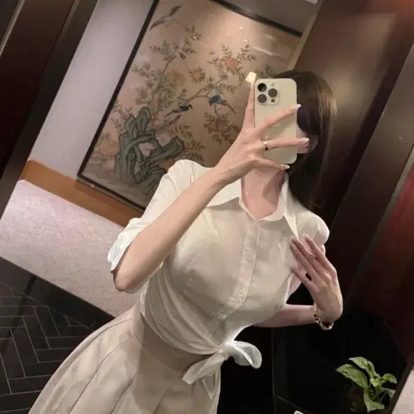 [BUNJANG] Leswan White Tie Ribbon Shirt S Size / (새상품) 7.3->4 르스완 타이 리본 셔츠 S 수입의류 화이트