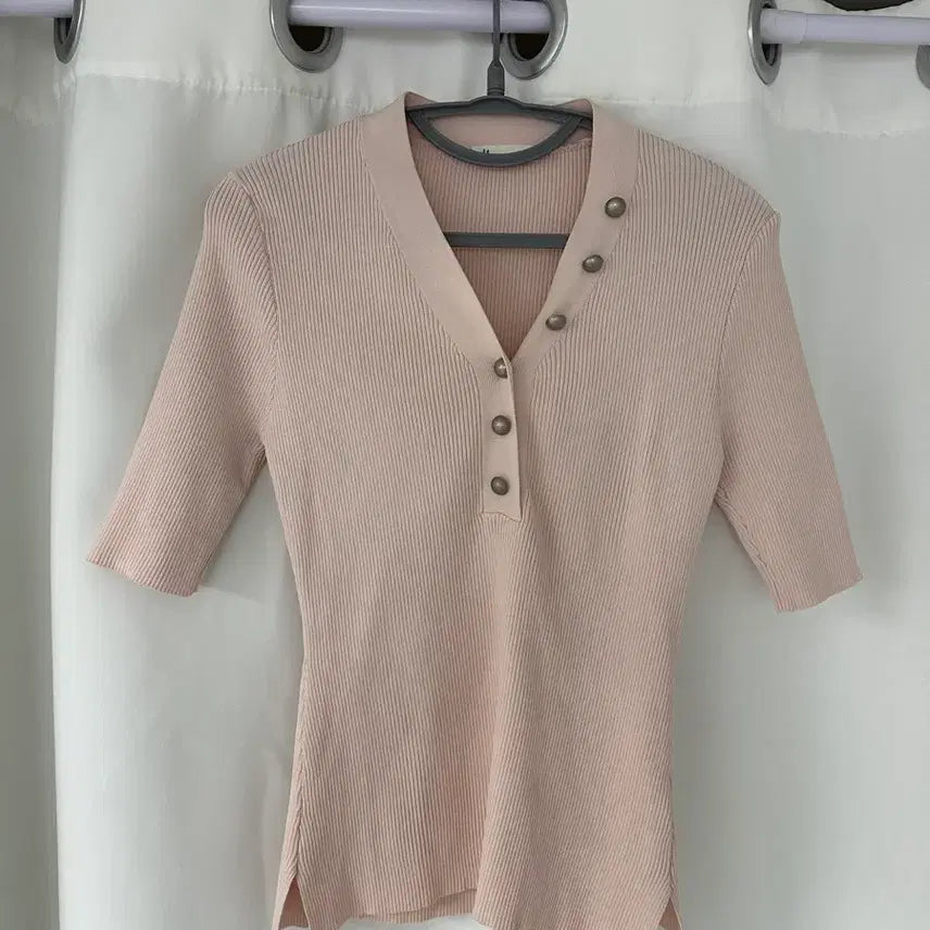 [BUNJANG] It MICHAA Pink Ribbed Short-Sleeve Collar Knit / 잇미샤 핑크 골지 반팔 카라 니트
